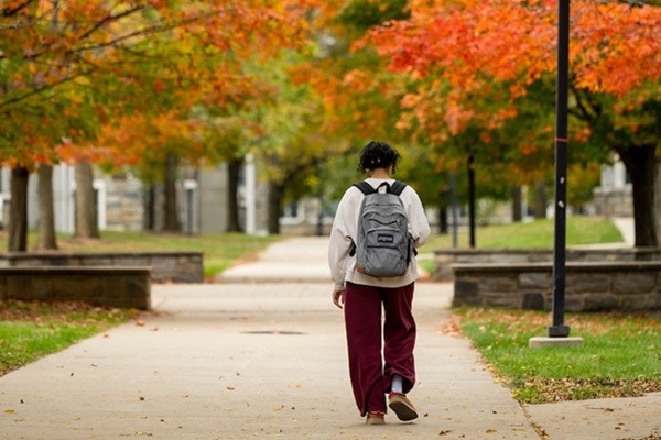 A student walks on campus in autumn