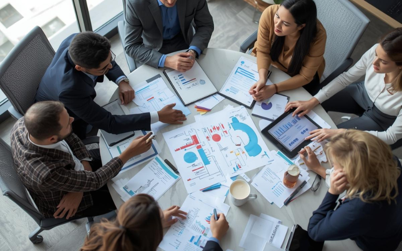 group of professionals gathered around a table discussing enterprise-level strategy